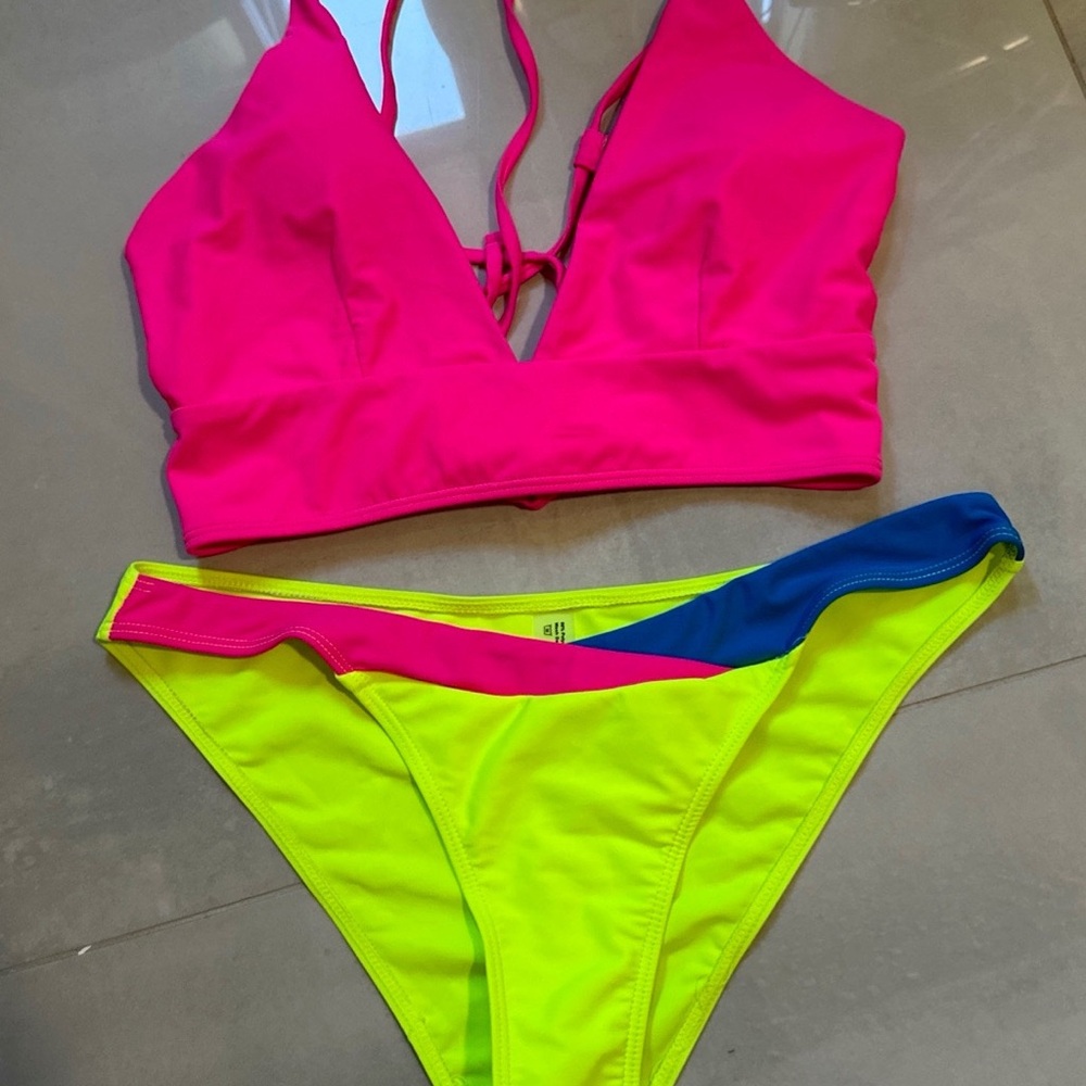 Women Sexy Bikini Set 2 Piece Swimwear V Neck Swimsuit Color pink
